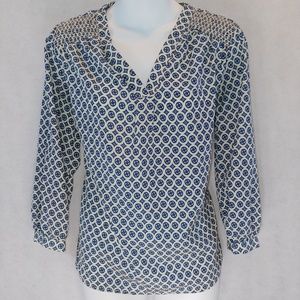 Cynthia Rowley Blue Print White Long Sleeve Blouse